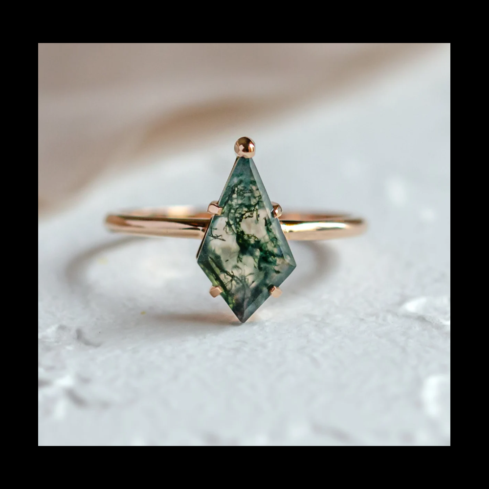 Moss Agate Engagement Ring Kite Gemstone Ring 925 Sterling Silver Real Gold Plated Ring for Women