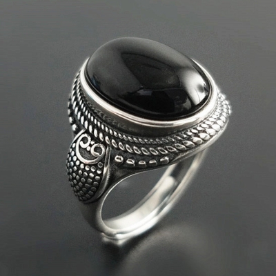black onyx agate engraved antique black mens vintage silver black ring
