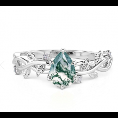 Customized Pear Cut Moss Agate Ring with Vine Leaf Engagement Ring for Women 925 Sterling Silver